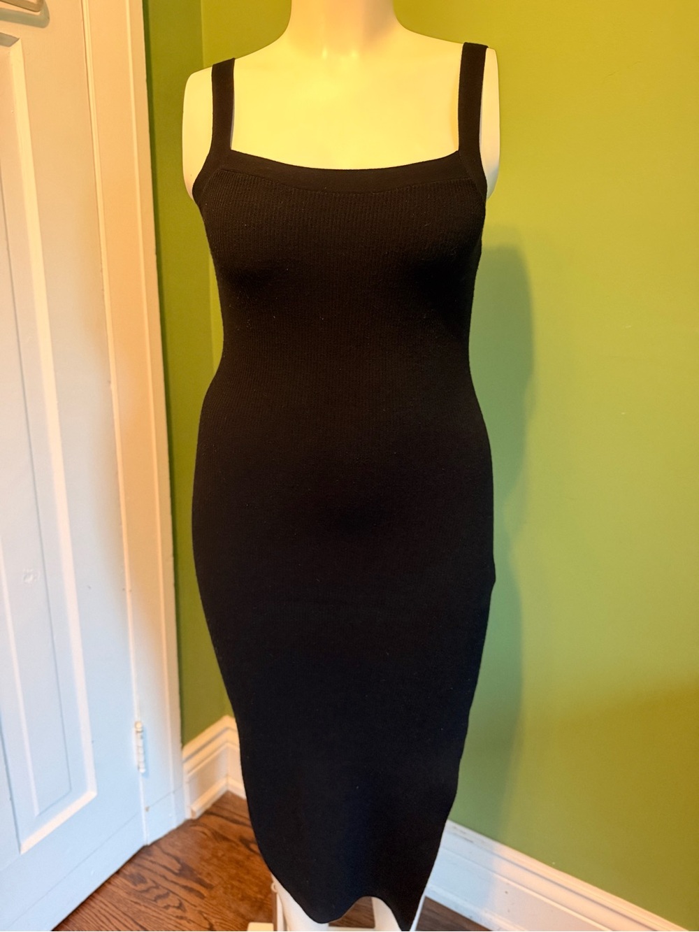 Babaton Black Ribbed Square-Neck Midi Dress